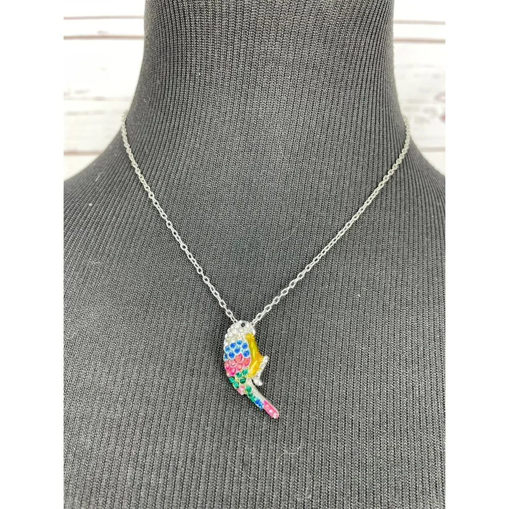 Girl's Tropical‎ Rainbow Gemstone Silver Parrot Pendant Fashion Necklace